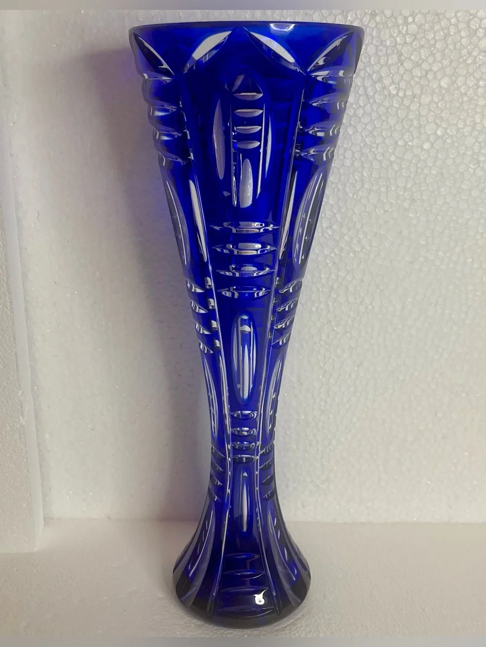 Vintage Cobalt Blue Cut Crystal Vase 12” Pedestal Geometric Art Glass Heavy Read